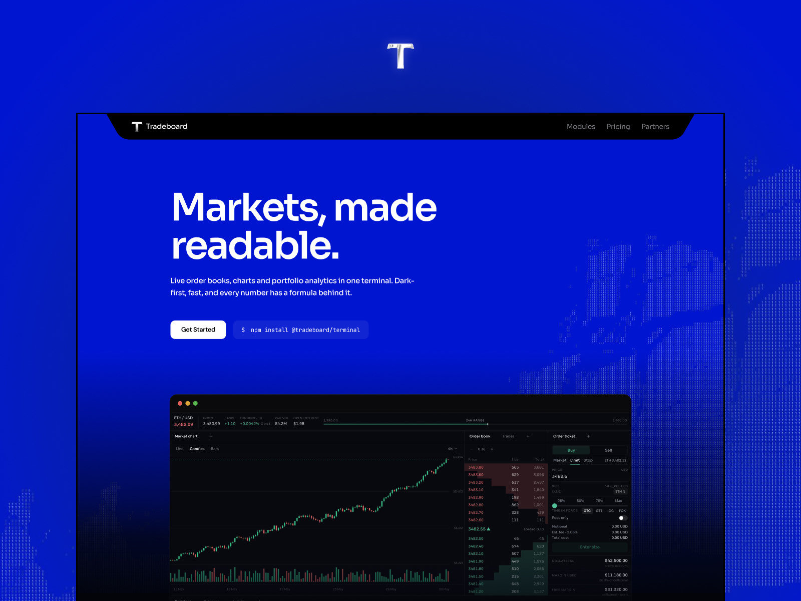 Tradeboard home page — the 'Markets, made readable' hero over the live trading terminal