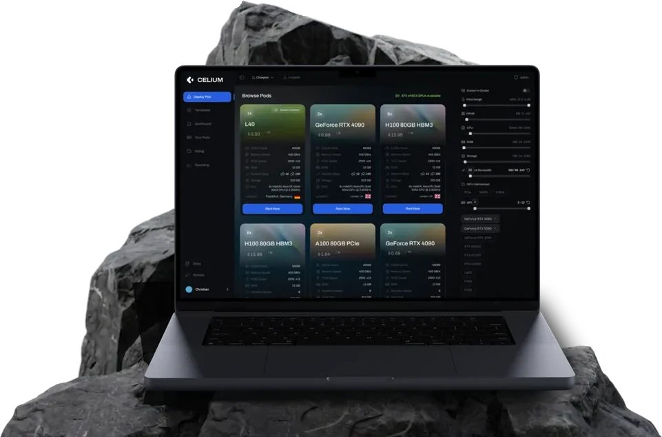 Celium GPU-marketplace dashboard on a MacBook