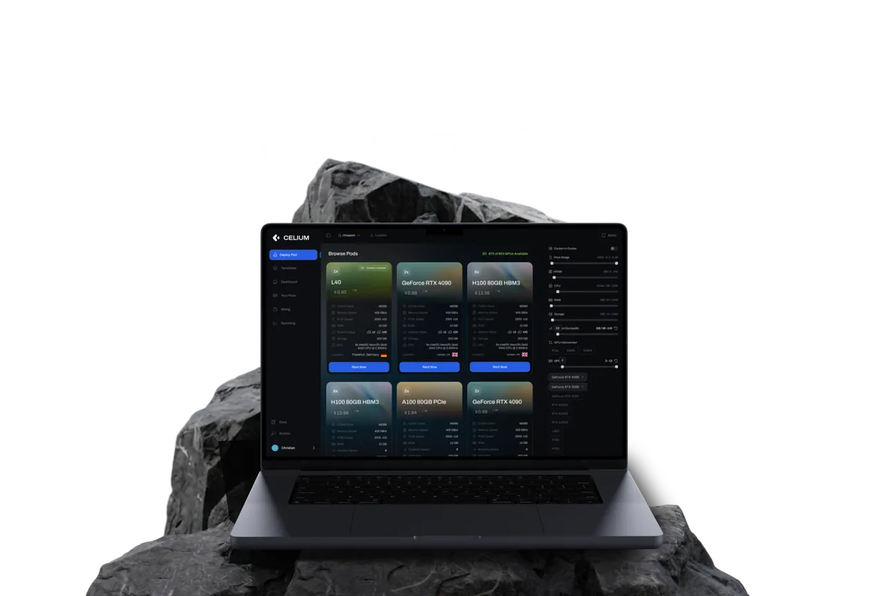 Celium GPU-marketplace dashboard on a MacBook