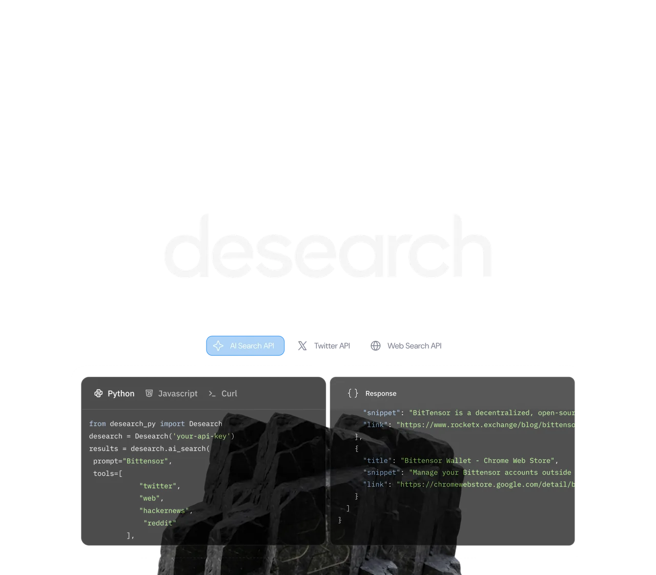 Desearch decentralized research dashboard on a MacBook